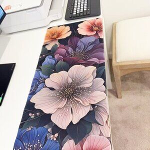 Bold Flower Print Long Mouse Pad Dark Background Anti-Slip Large Desk Mat